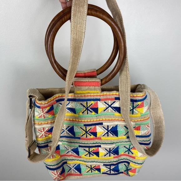 Lulu Canvas Handbag Boho Wooden Handles Aztec Print Multicolor with Strap - Picture 3 of 7